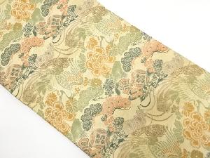 アンティーク　鶴に笠松・菊模様織出し丸帯（材料）